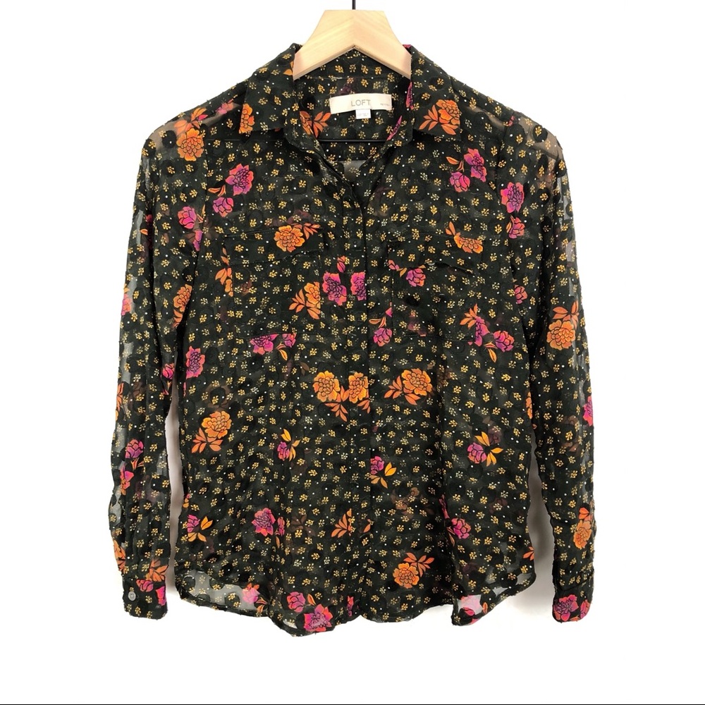 Loft Sheer Floral Button Collared Petite Blouse - image 1
